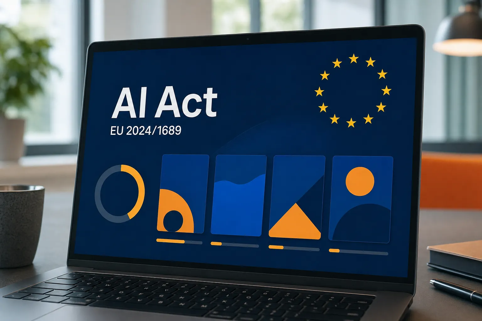 En laptop visar kursvyn med rubriken AI Act, EU 2024/1689, en stjärnring och kapitelkort.