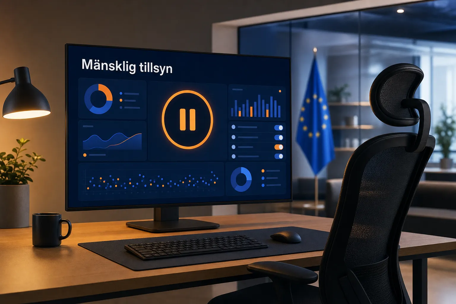 En bildskärm visar panelen Mänsklig tillsyn med paussymbol, diagram och reglage.